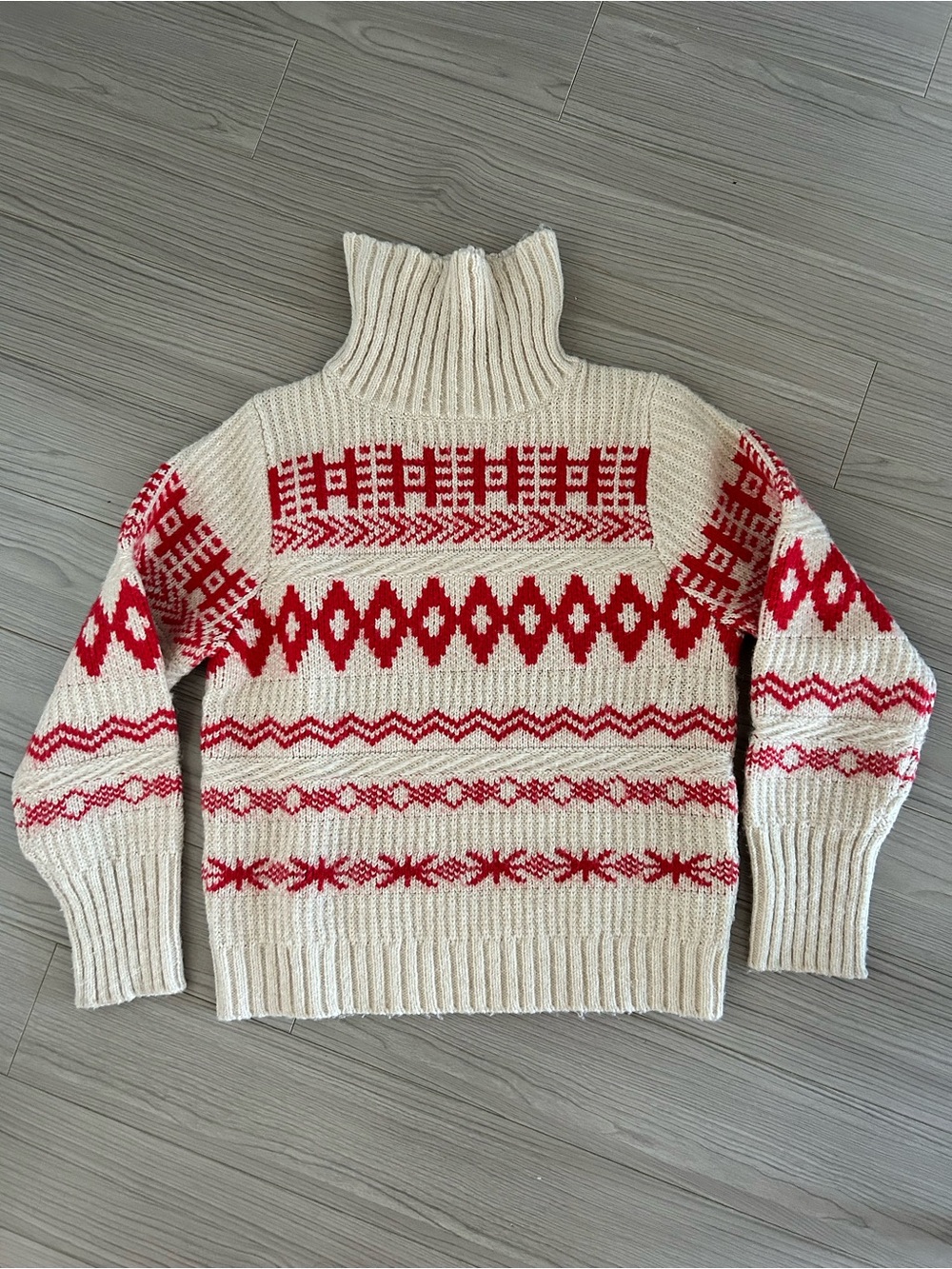 Karen Millen Cream Turtleneck Sweater with Red Fair Isle Pattern
